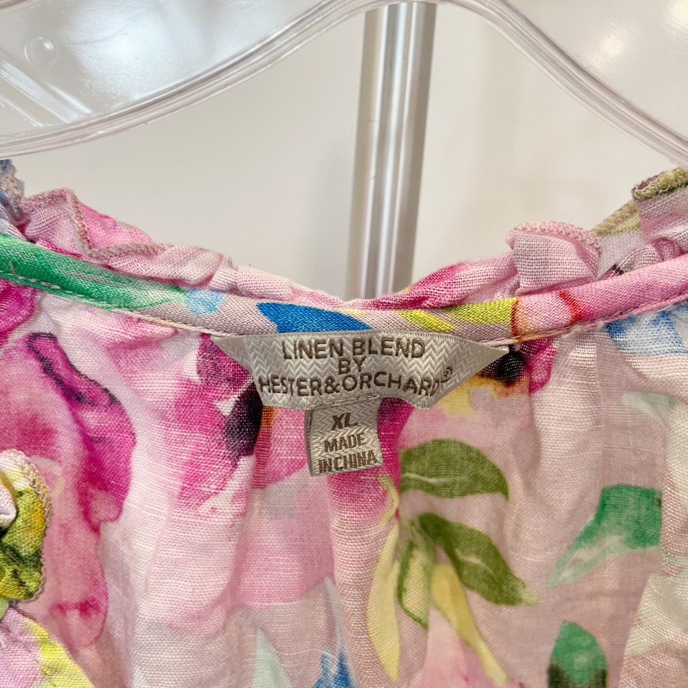 Hester & Orchard Floral Linen Blend Blouse XL Pink Watercolor Ruffle V-Neck Top - Picture 3 of 7